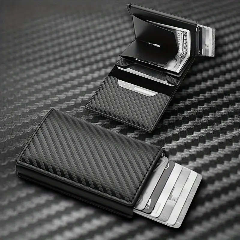 RFID Blocking Metal Case Card Holder Carbon Fibre Pattern Faux Leather Wallet