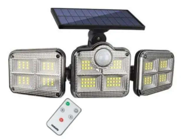 122 LED Solar Motion Sensor Outdoor Rotatable 3 Head Light with Remote 30W