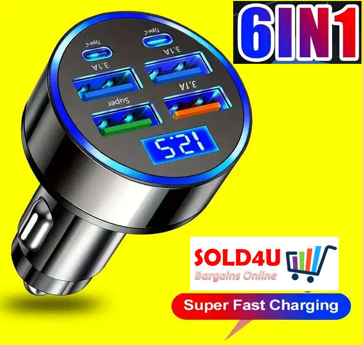 6-in-1 Fast Charging Car Charger with LED Display