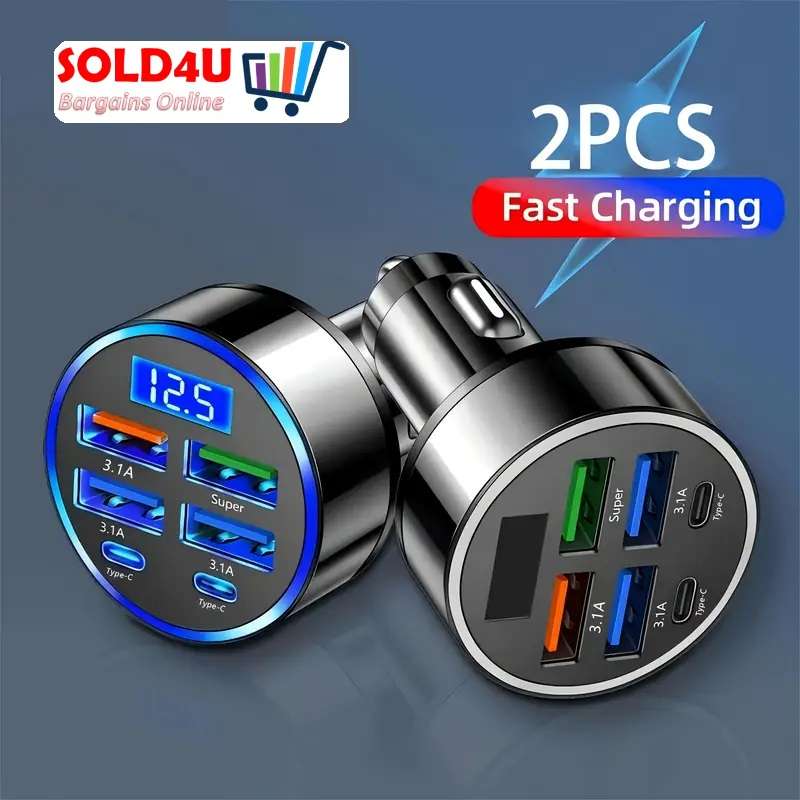Twin Pack - 6-in-1 Fast Charging USB Car Charger with LED Display