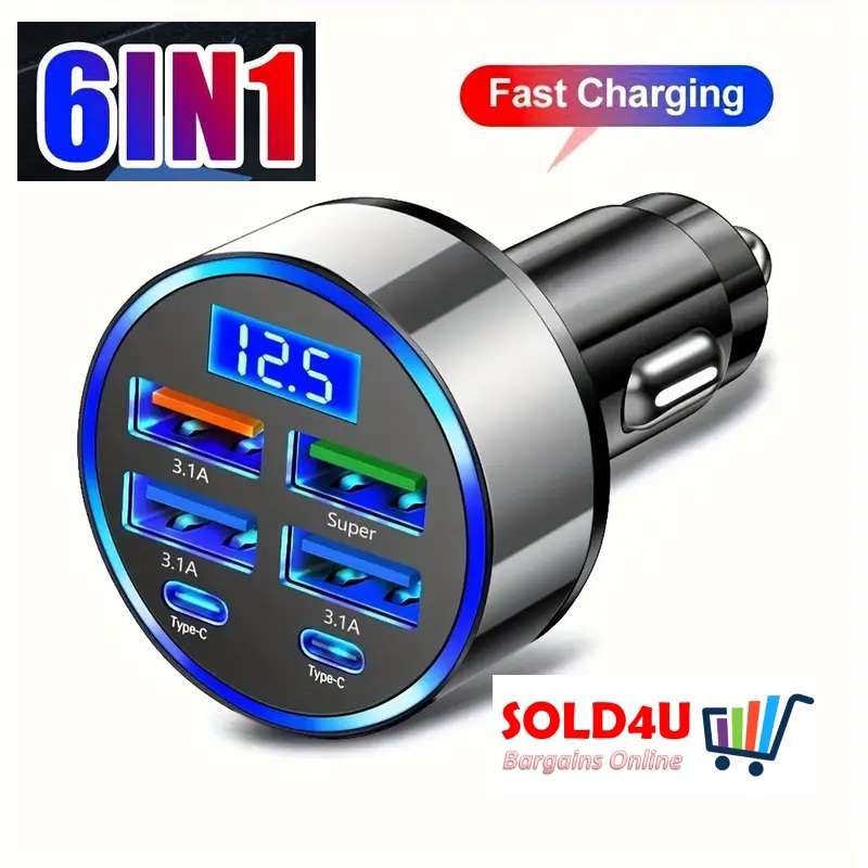 6-in-1 Fast Charging USB Car Charger with LED Display