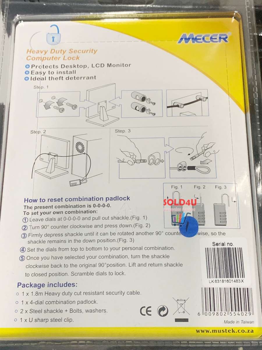 Mecer 4 Dial PC Cable Lock with Rope - LKCP-1163 Lock your Desktops & Monitors with this lock