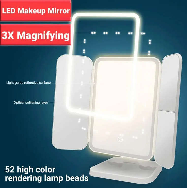 1X to 3X Magnifying 3-Colour Light Touch LED Trifold Makeup Mirror with 52 Led Lights