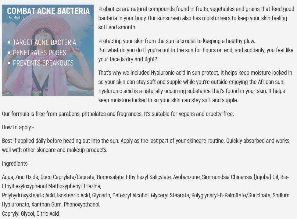 Sun protect moisturising cream for acne prone skin 100ml [ Acne-org-za ]