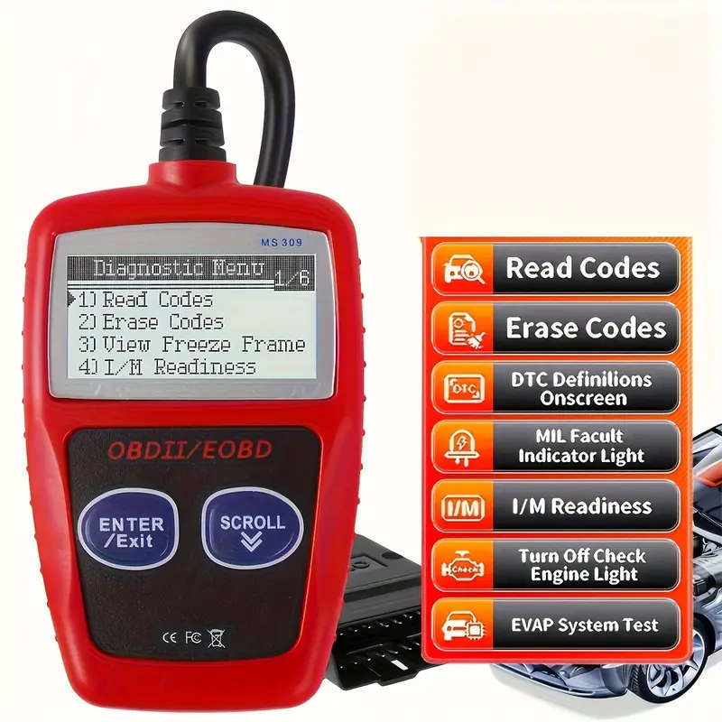 MS309 Car Fault Detector Code Reader OBD2 Scanner Diagnostic Tool Car Several Models (Red or Black)