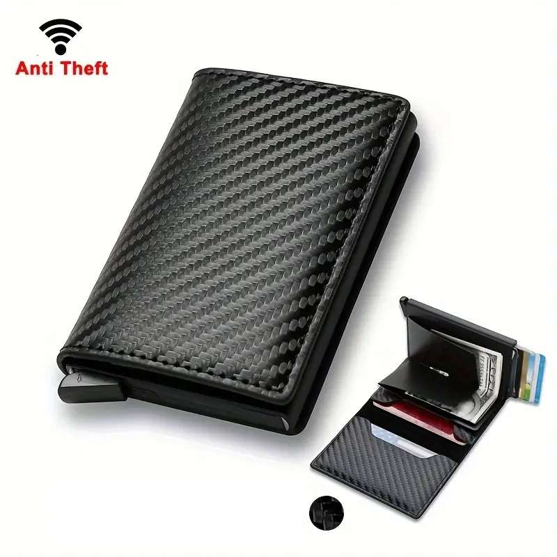 RFID Blocking Metal Case Card Holder Carbon Fibre Pattern Faux Leather Wallet