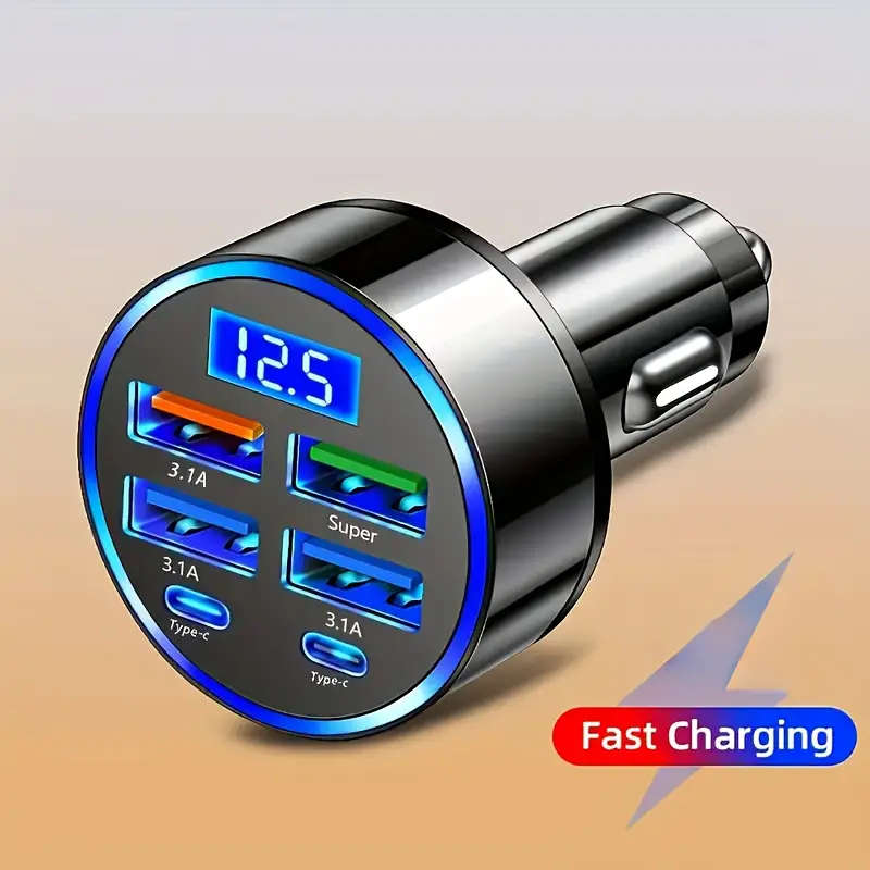 6-in-1 Fast Charging Car Charger with LED Display