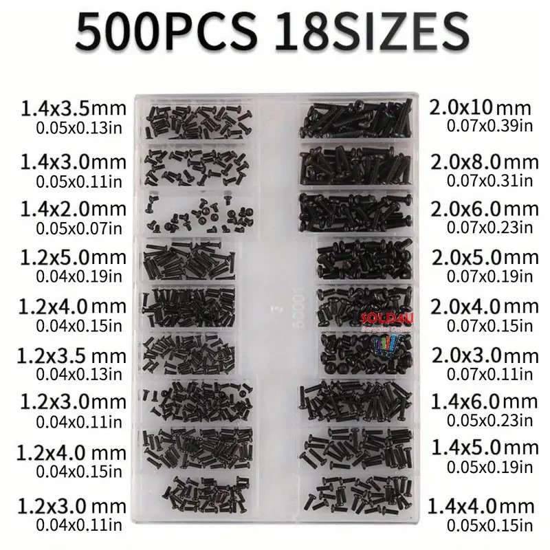 500-Piece Carbon Steel Screws Assortment Kit - 18 TYPES - Laptop Notebook Screws Set Kit Assorted