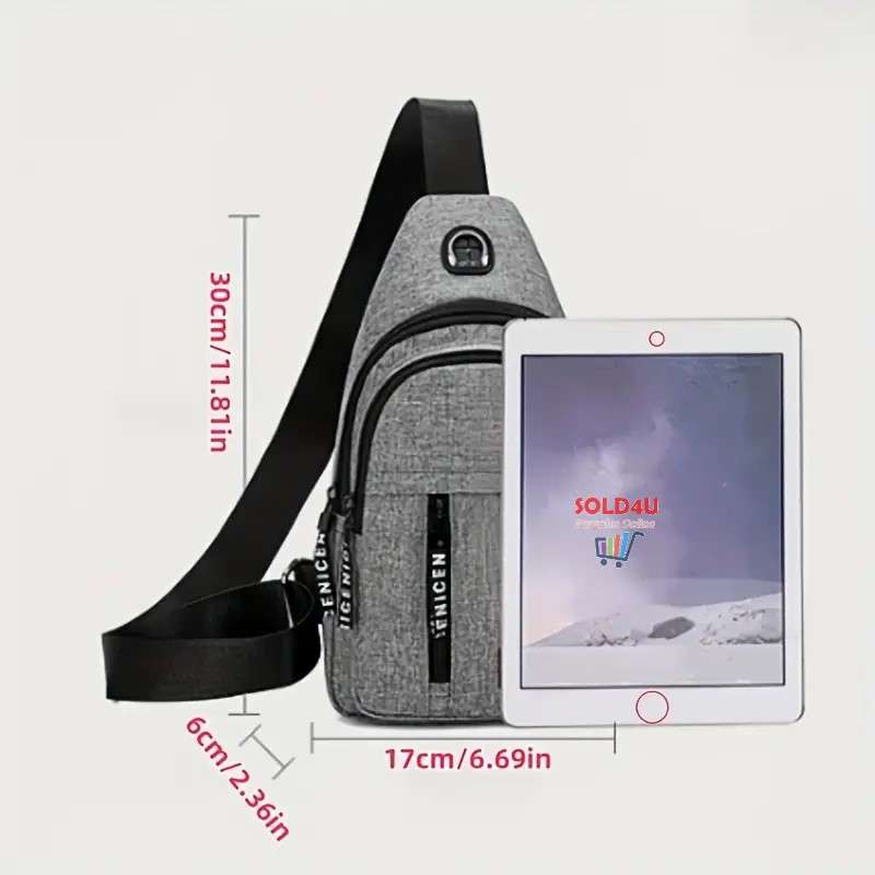 New Chest Bag Single Shoulder Crossbody Bag With Earphone Hole (Grey) Nylon Lightweight Sling Bag