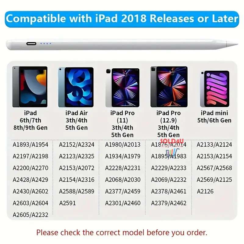 Active Stylus Pen for iPad 2018-2024, Tilt Sensitivity, Palm Rejection, High Precision Touch Pen