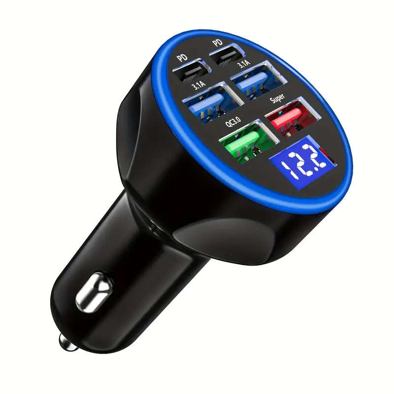 6-in-1 Fast Charging Car Charger with LED Display