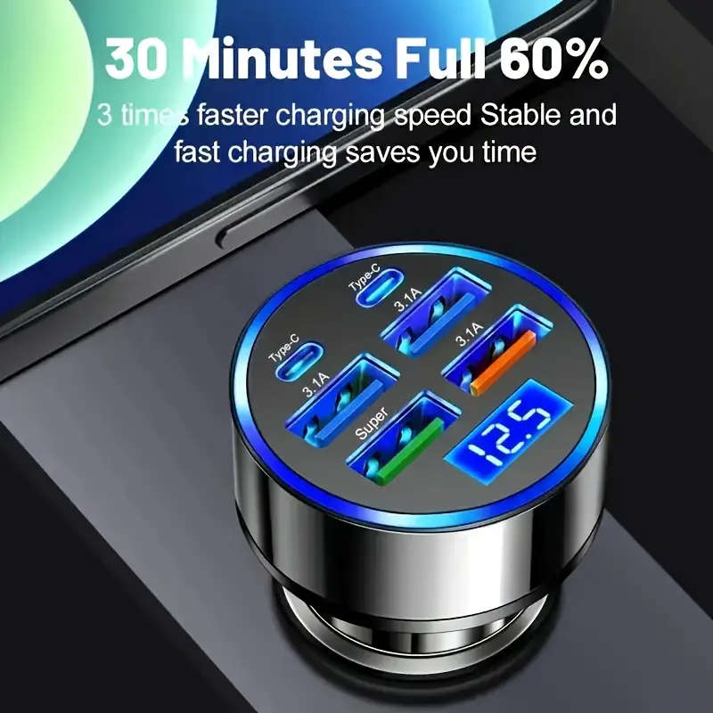 6-in-1 Fast Charging Car Charger with LED Display