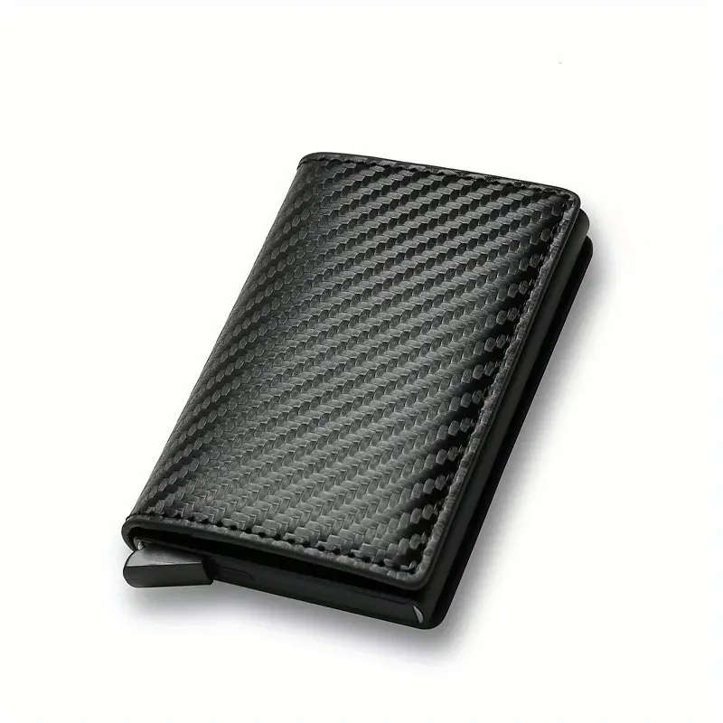 RFID Blocking Metal Case Card Holder Carbon Fibre Pattern Faux Leather Wallet