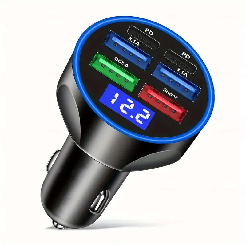 6-in-1 Fast Charging Car Charger with LED Display