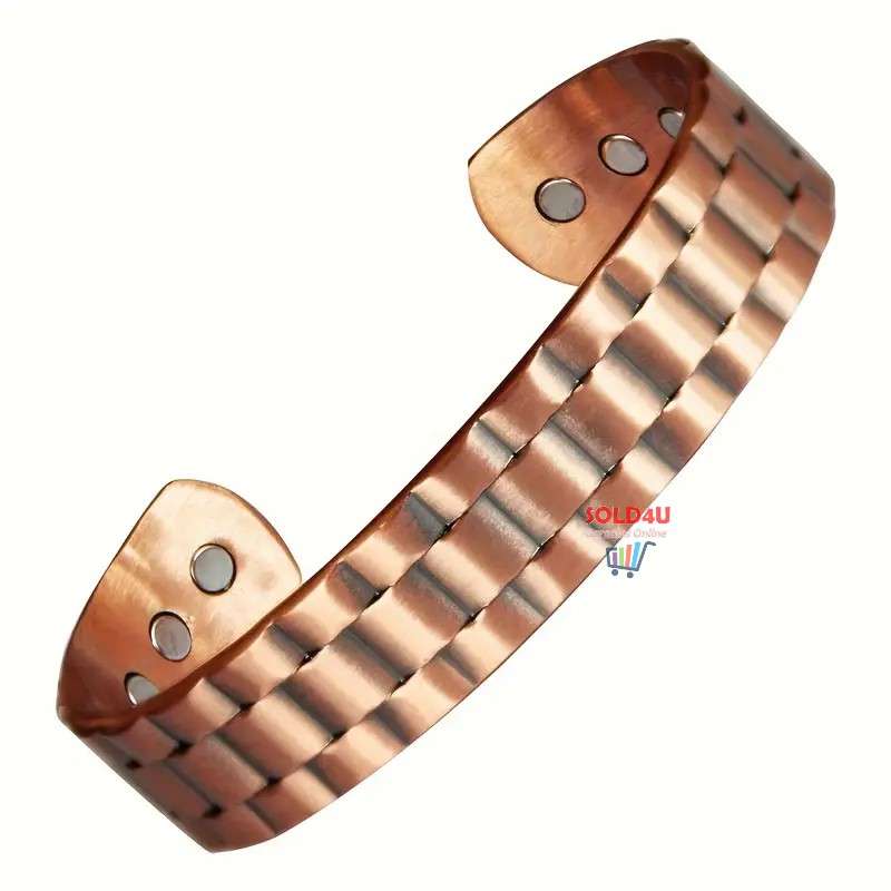 Copper Magnetic Bracelet For Men, Cuff Bangle With Effective 6Pc Neodymium Magnets, Geometric Grid