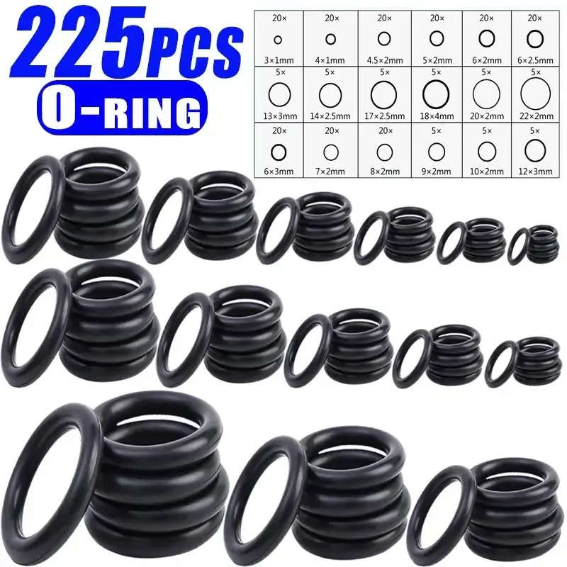 225pcs Rubber O Rings Kit 18 Size plus Plastic storage Box