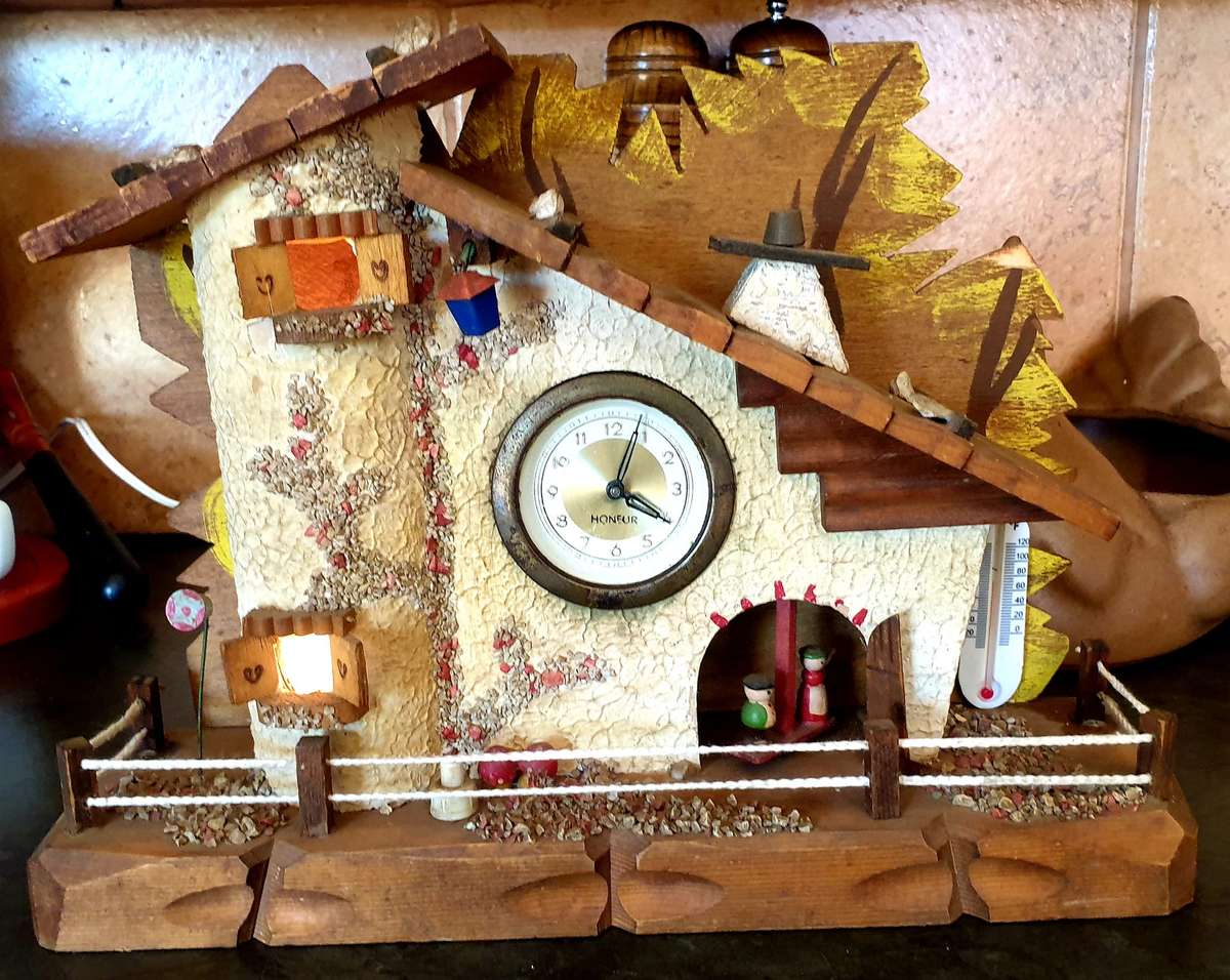 LARGE HERMAN BLACK FOREST WEATHER STATION WITH MECHANICAL CLOCK AND TOWER LIGHT 300 X 230 MM