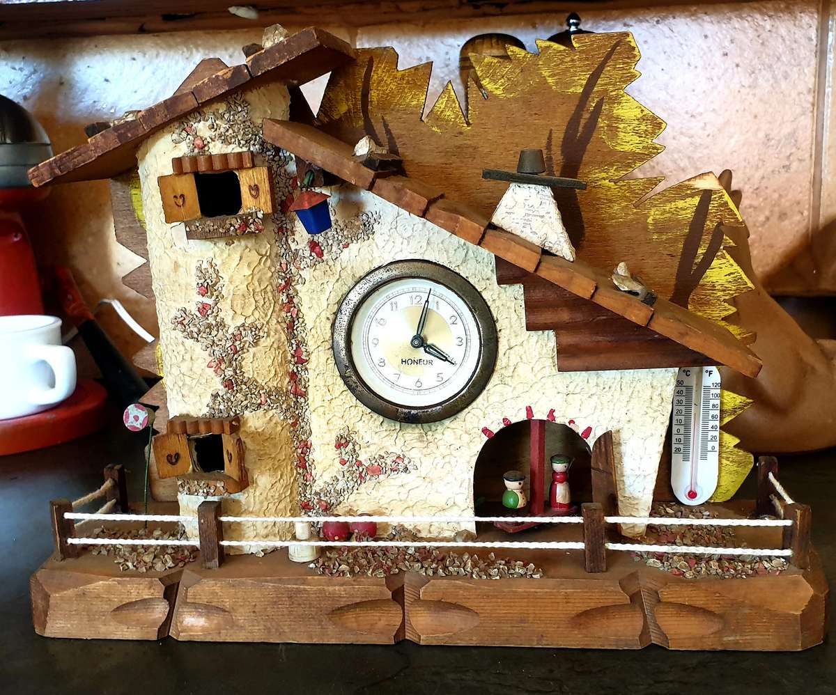 LARGE HERMAN BLACK FOREST WEATHER STATION WITH MECHANICAL CLOCK AND TOWER LIGHT 300 X 230 MM