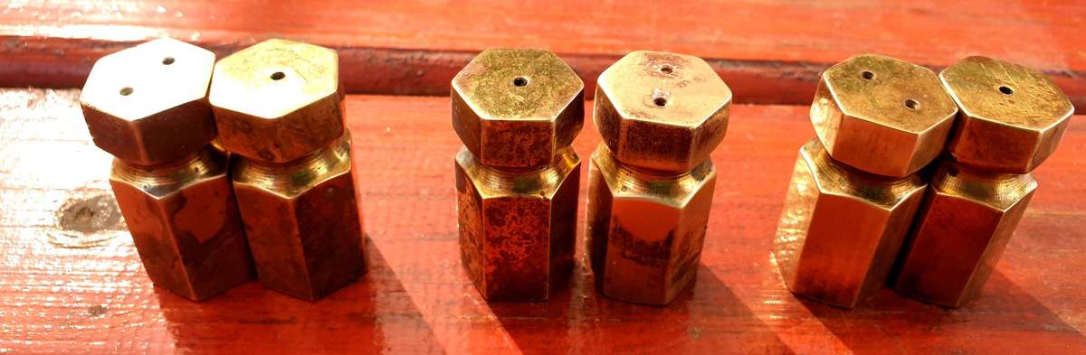 UNIQUE SMALL SOLID BRASS SALT AND PEPPER POTS