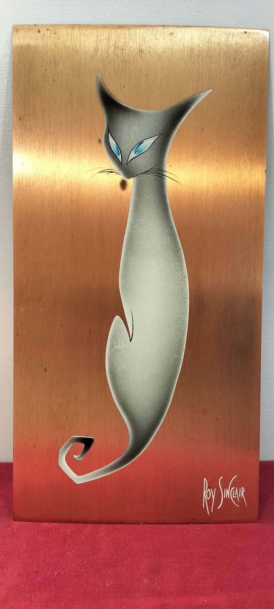A Magnificent Mid Century Circa 1950 Roy Sinclair Lacquered Cat Art on Copper Plate