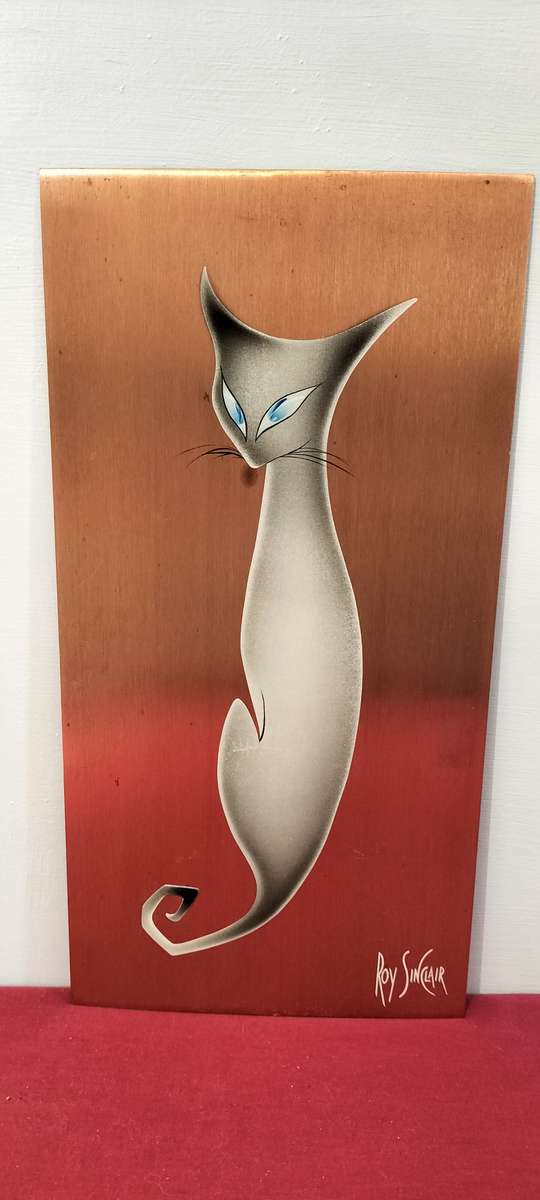 A Magnificent Mid Century Circa 1950 Roy Sinclair Lacquered Cat Art on Copper Plate