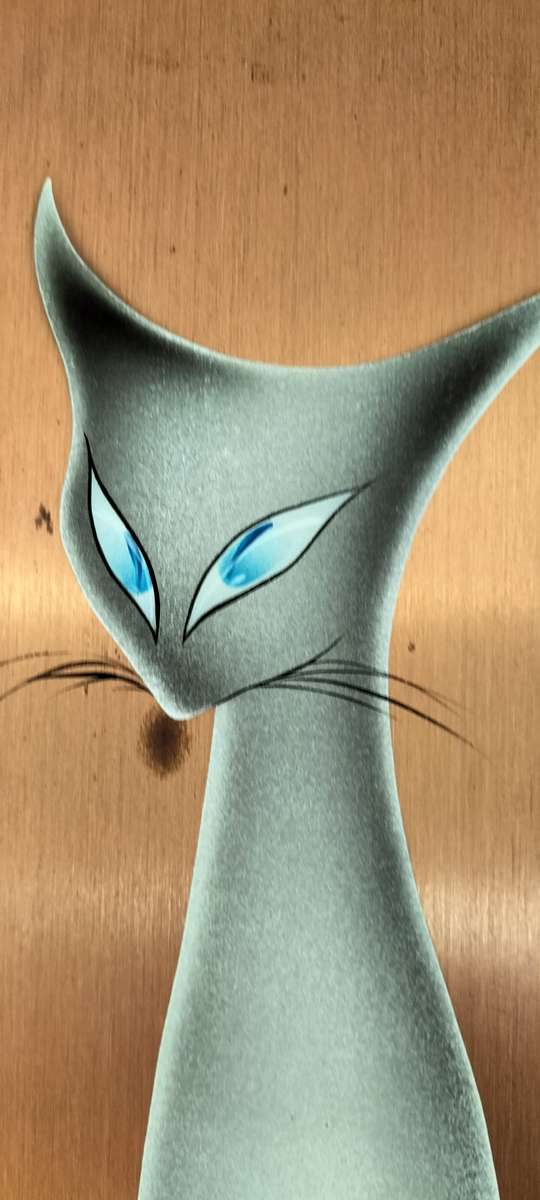 A Magnificent Mid Century Circa 1950 Roy Sinclair Lacquered Cat Art on Copper Plate