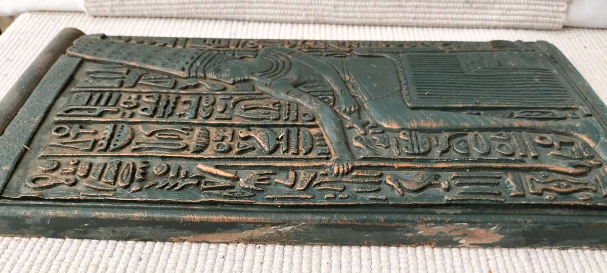 A Magnificent Egyptian Theme Green and Gold Cement Aged Look Wall Hanging (nr1)
