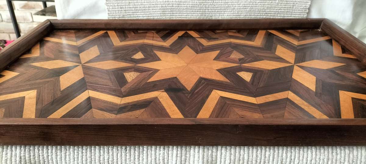 A Magnificent Mahogany Intricate Inlay Mid Century Large Wooden Serving Tray.