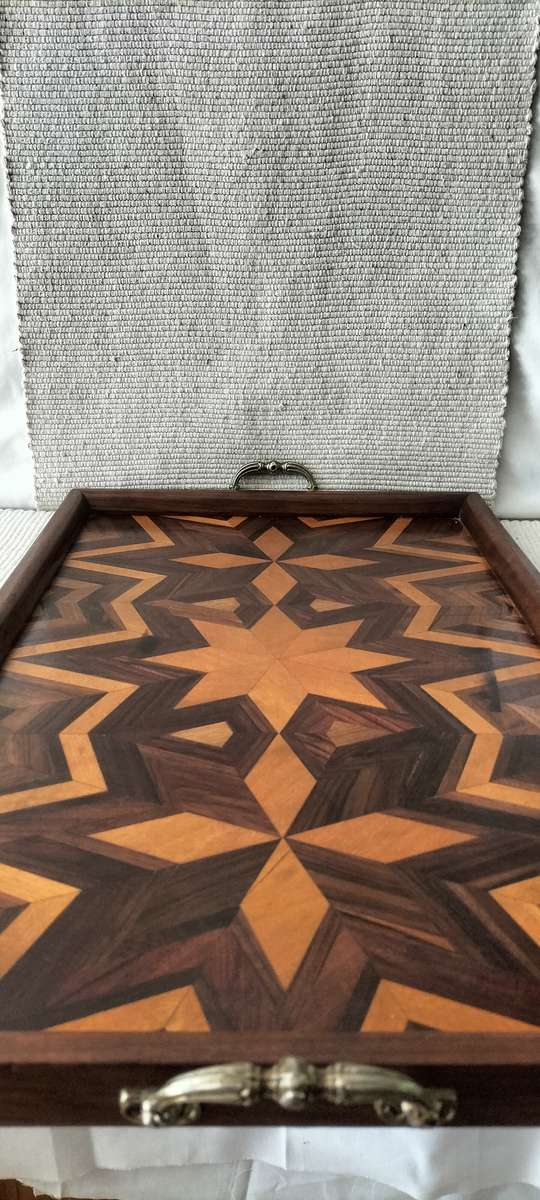 A Magnificent Mahogany Intricate Inlay Mid Century Large Wooden Serving Tray.