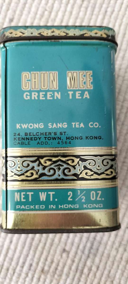 A Vintage Circa 1970 Kwong Sang Chun Mee Green Tea Tin still with Full packet of Tea