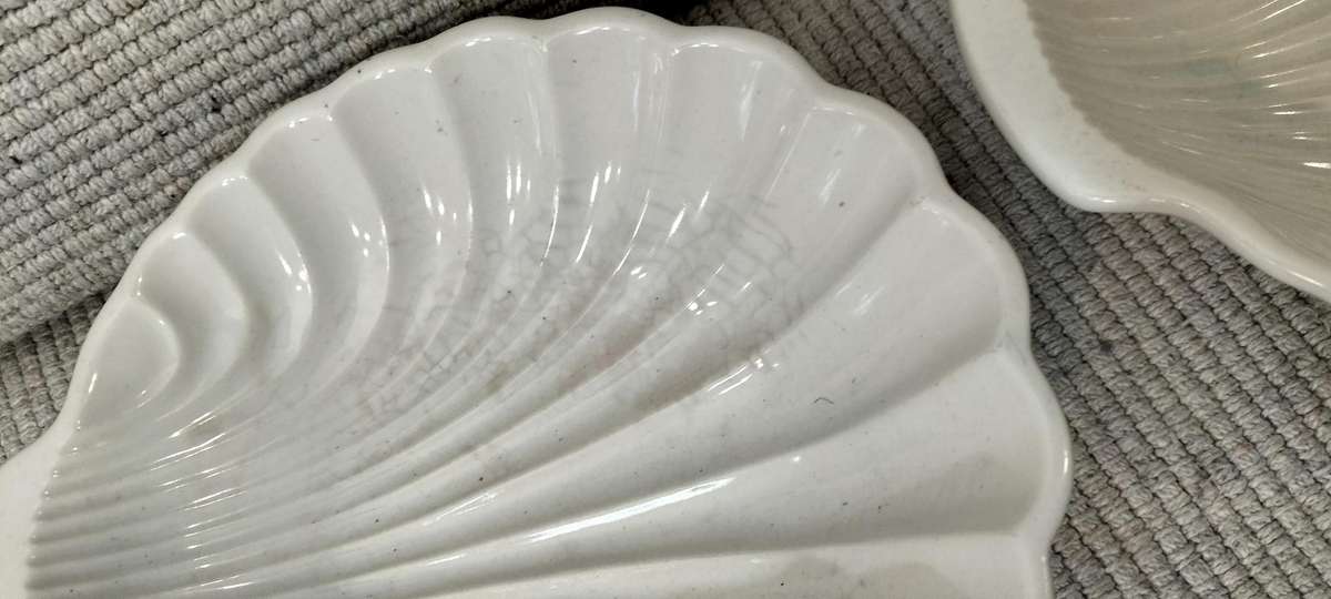 A Magnificent Pair of Glazed Oven Proof Shell Serving Dishes
