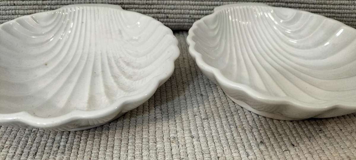 A Magnificent Pair of Glazed Oven Proof Shell Serving Dishes