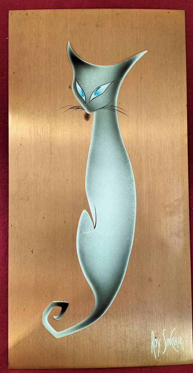 A Magnificent Mid Century Circa 1950 Roy Sinclair Lacquered Cat Art on Copper Plate