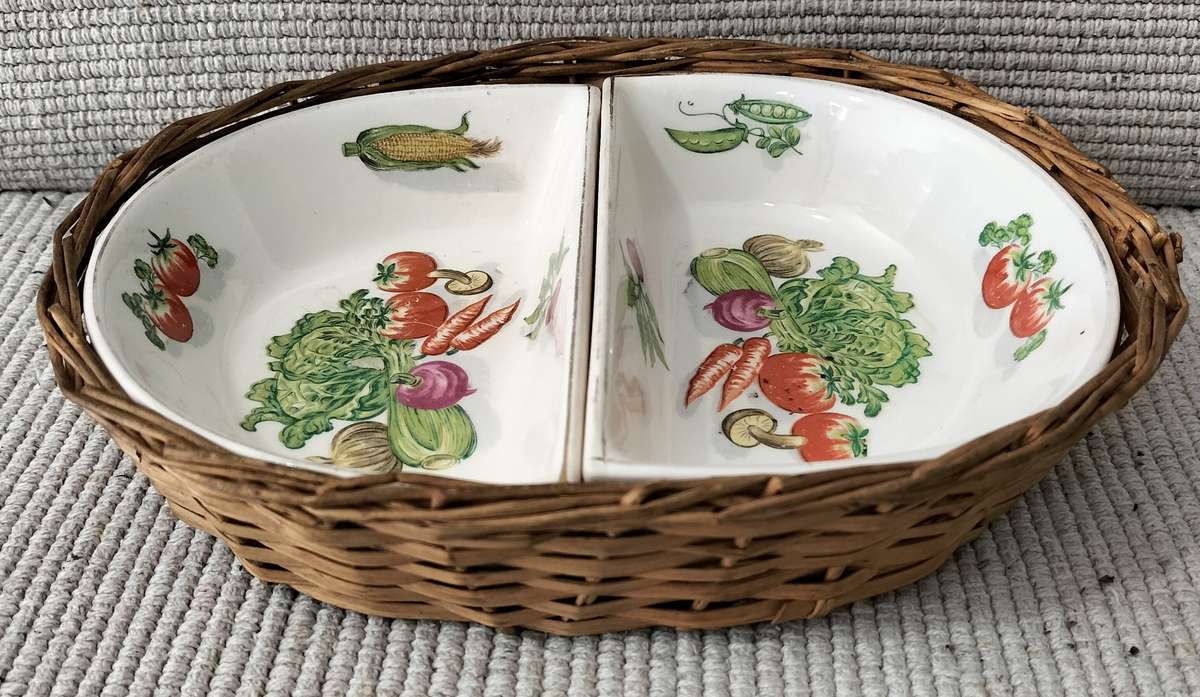 Superb Vintage NAPCO/Royal Sealy Delicate Two Ceramic Relish Dishes in Wicker Basket