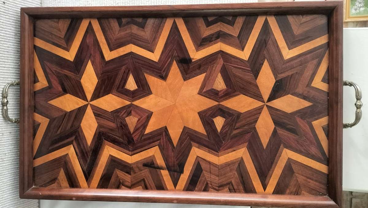 A Magnificent Mahogany Intricate Inlay Mid Century Large Wooden Serving Tray.
