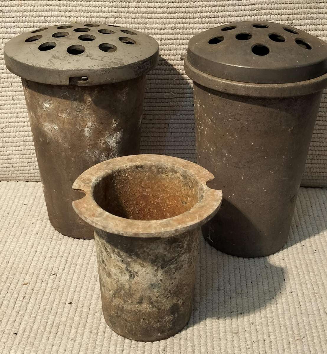 Set of 3 Very Old Metal Flower Vases (For a Grave)