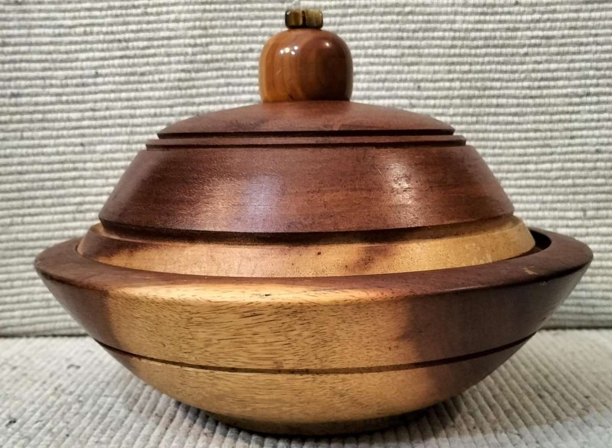 A Magnificent Lidded Wooden Bowl with Unique Knob