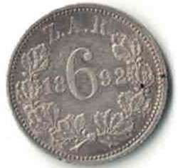 ZAR Kruger 1892 6P  Sixpence . AU. Excellent Condition!