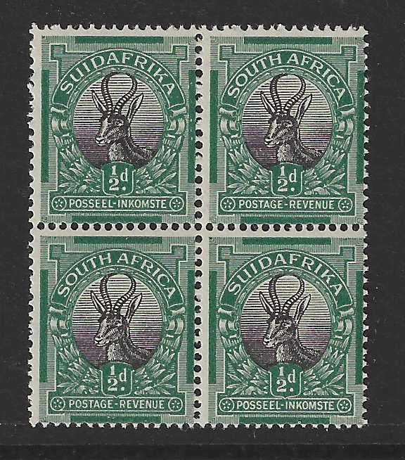 Union 1927 Rare Complete offset on back Pretoria Ptg block superb MNH. UHB 33 V11. See below.