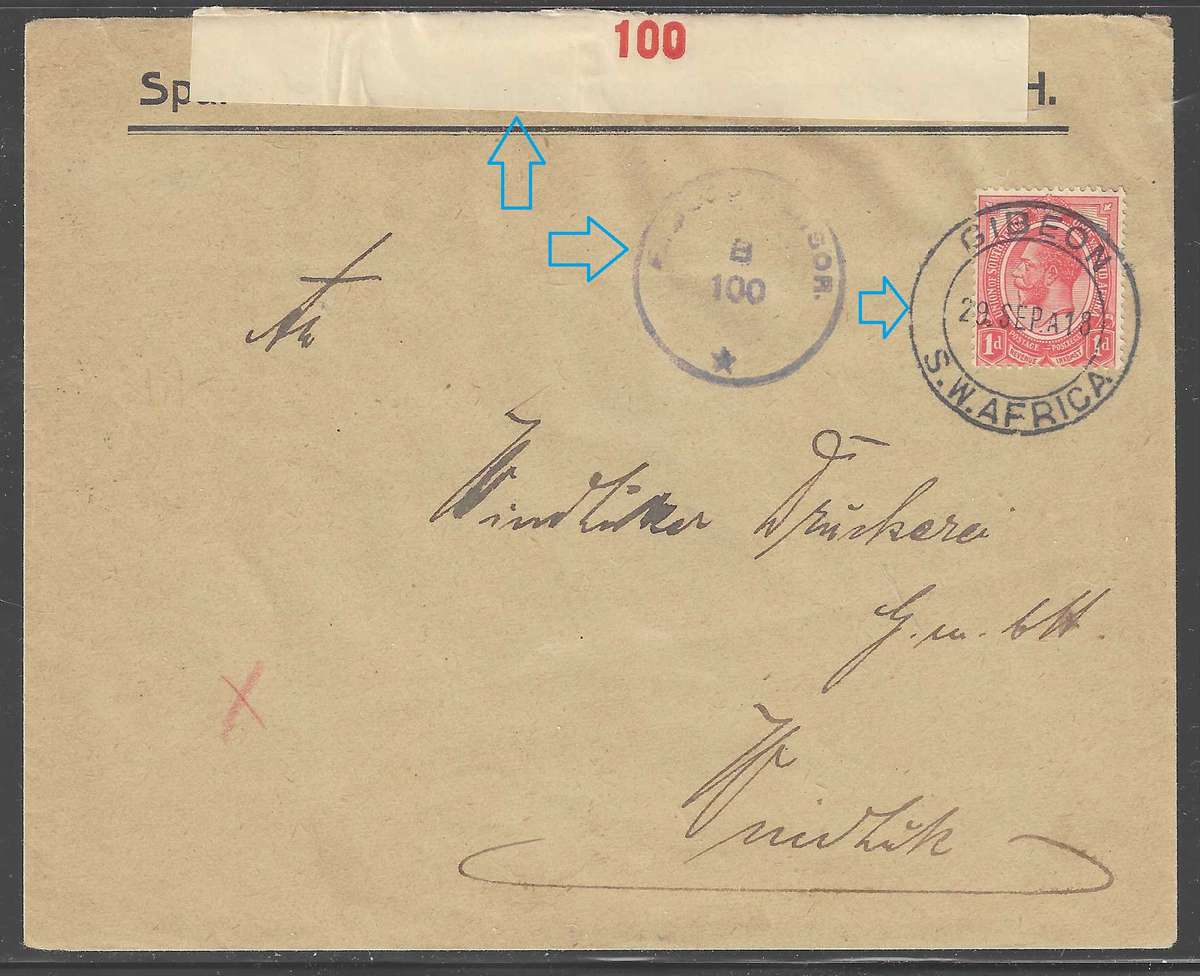 SWA (WWI Union Occupation) Scarce "Spoorweg.." 1918 GIBEON/WINDHUK Censored cover. See below.