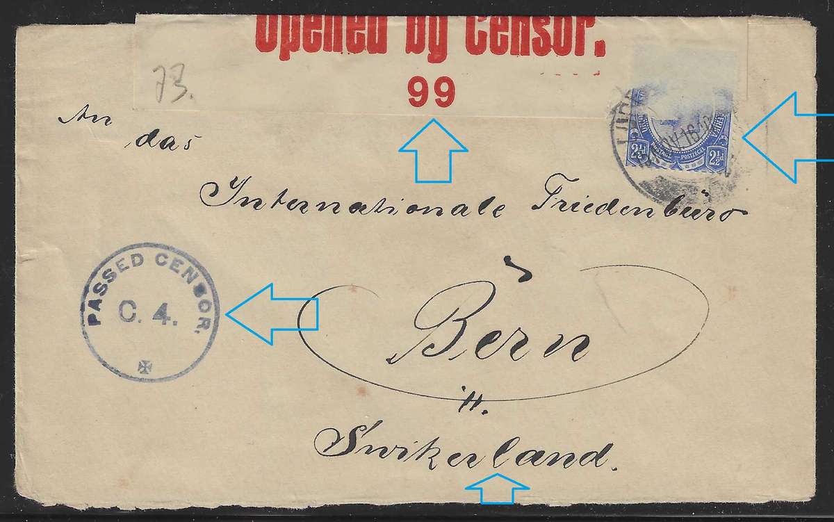SWA (WWI Occupn) Scarce 2 1/2d 1916 LUDERITZBUCHT/SWITZERLAND Censored cover. See below.