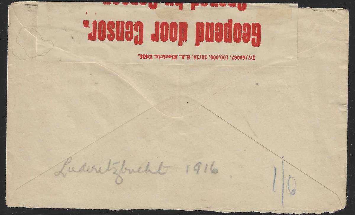 SWA (WWI Occupn) Scarce 2 1/2d 1916 LUDERITZBUCHT/SWITZERLAND Censored cover. See below.