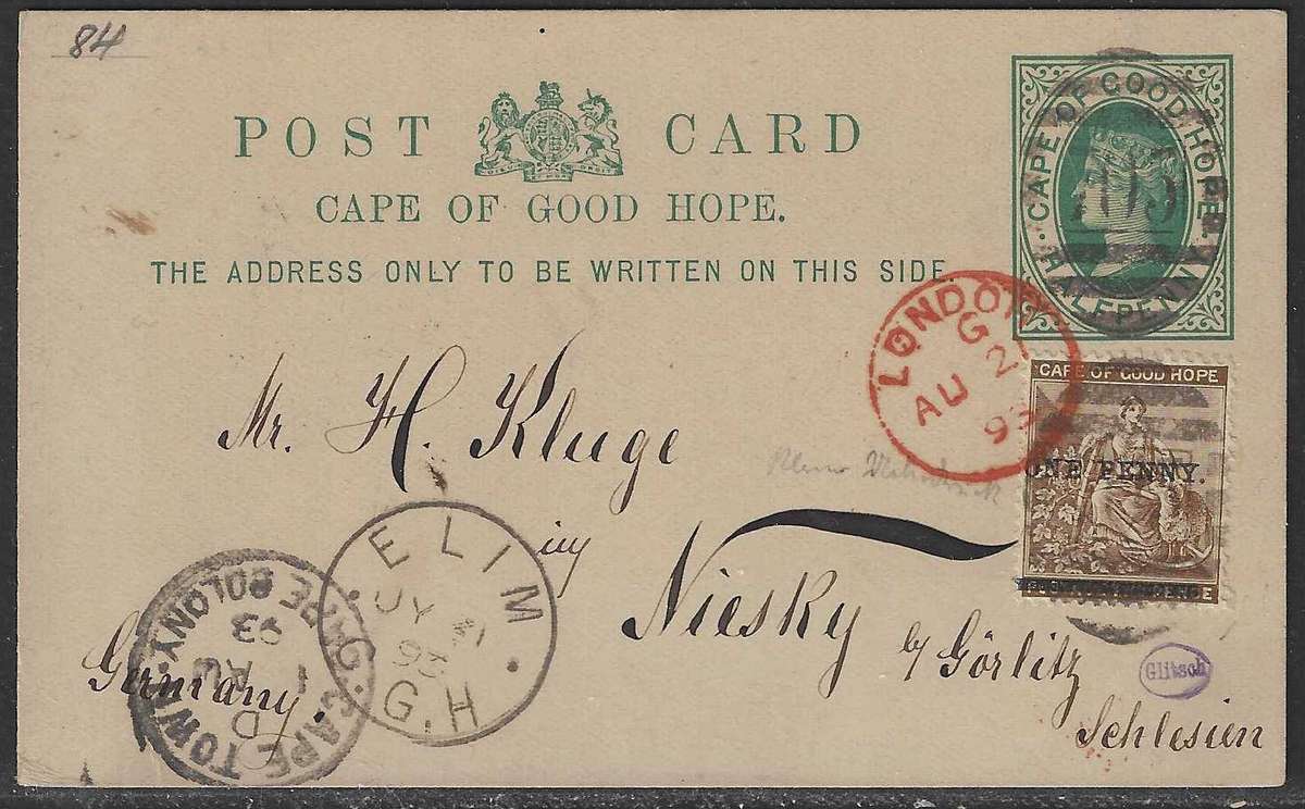 Cape 1893 EARLIEST ELIM BONC 705 with NAPIER CDS to Germany.