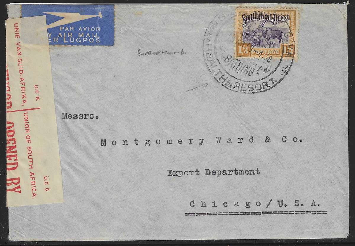 SWA 1939 Scarce WW II Censored SWAKOPMUND/CHICAGO with large ornate "Health Resort" cds. See below.
