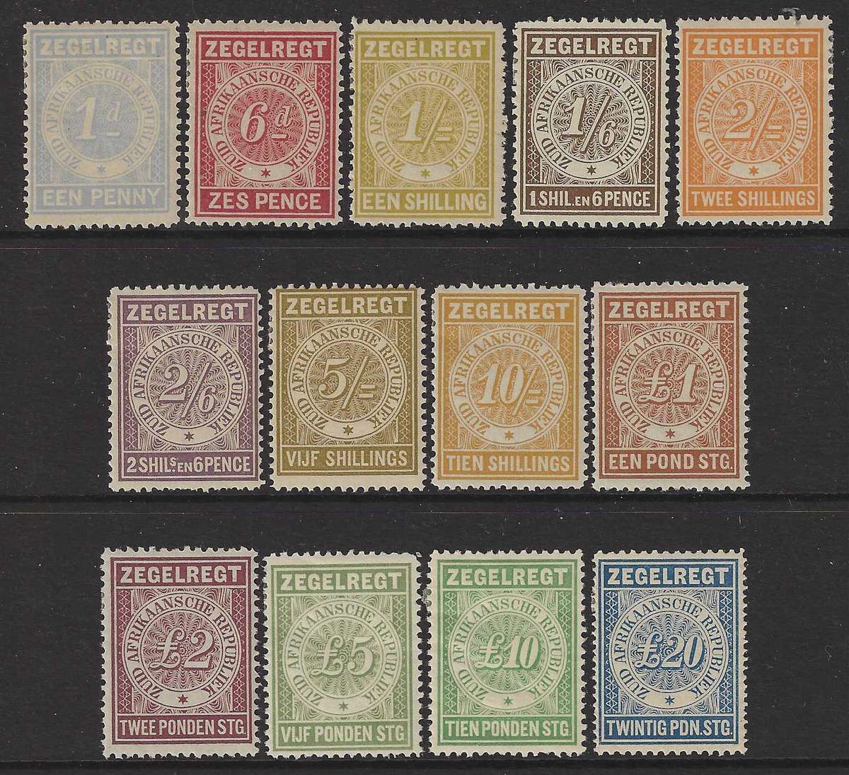 Transvaal/ZAR 1886 complete "ZEGELREGT" set of 13 VFM. TSC Drysdall Issue 3. Scarce. See below.