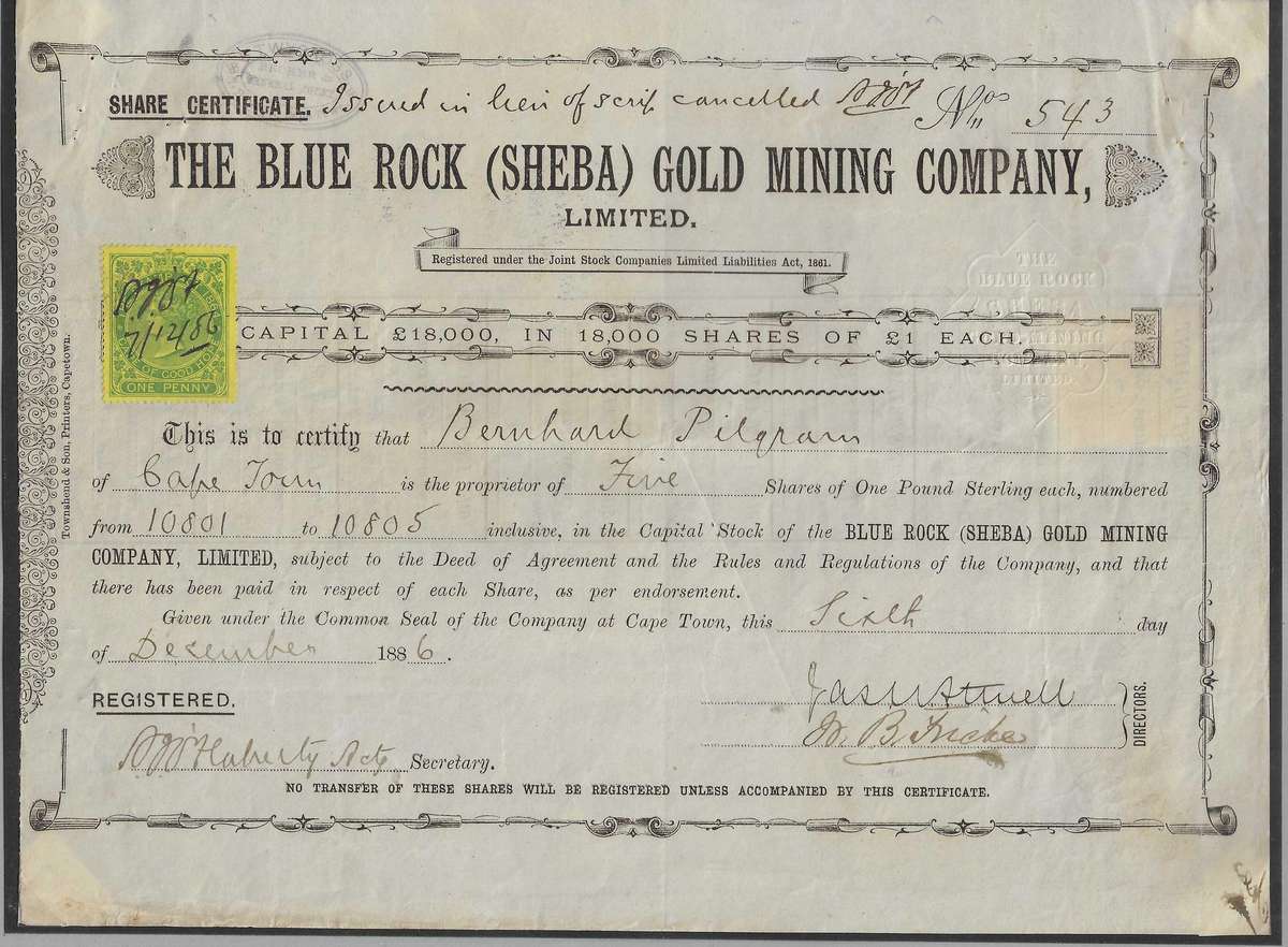 BLUE ROCK (SHEBA) GOLD MINING Co. Ltd. share certificate. Very scarce. See below.