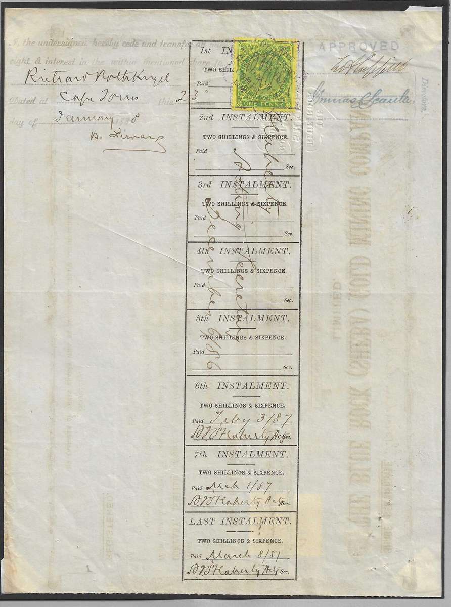 BLUE ROCK (SHEBA) GOLD MINING Co. Ltd. share certificate. Very scarce. See below.