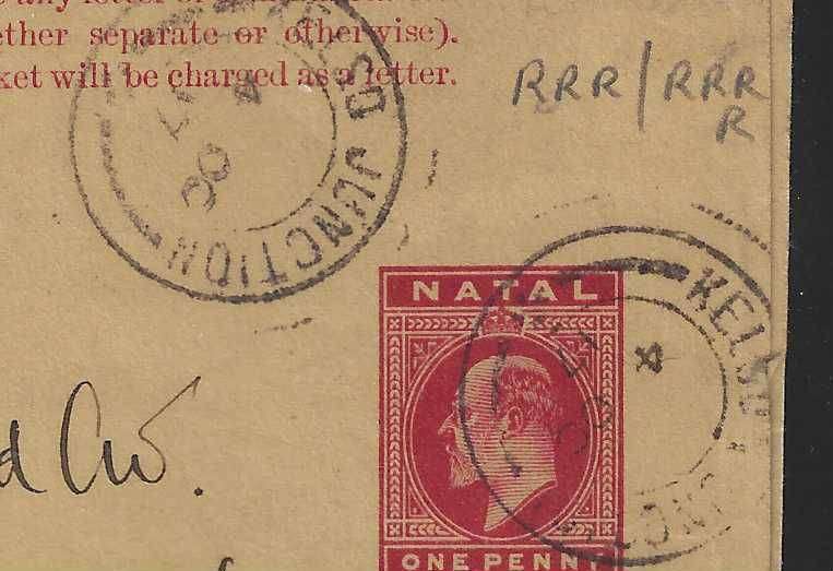 Natal Rare (RRR/RRRR) early KELSO JUNCTION cds on wrapper to UK.