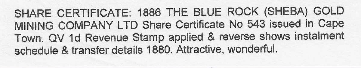 BLUE ROCK (SHEBA) GOLD MINING Co. Ltd. share certificate. Very scarce. See below.