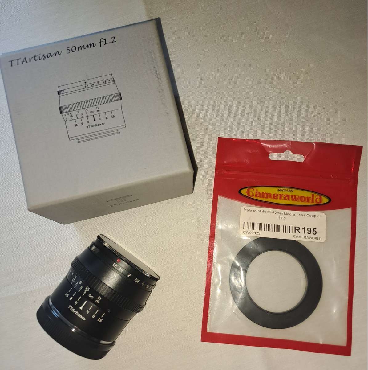 TT Artisan 50mm f1.2 Lens EOS-M mount plus Male to Male 52-72mm Macro Lens Coupler Ring